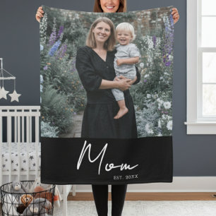 Mum Established Black Modern Script Photo Fleece Blanket