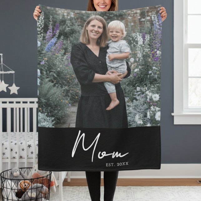 Mum Established Black Modern Script Photo Fleece Blanket (Creator Uploaded)