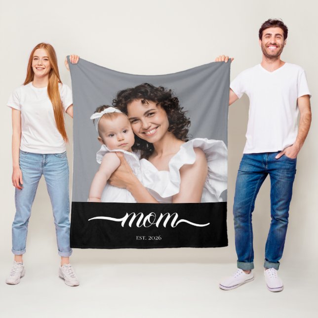 Mum Established Black Modern Script Photo  Fleece Blanket (In Situ)