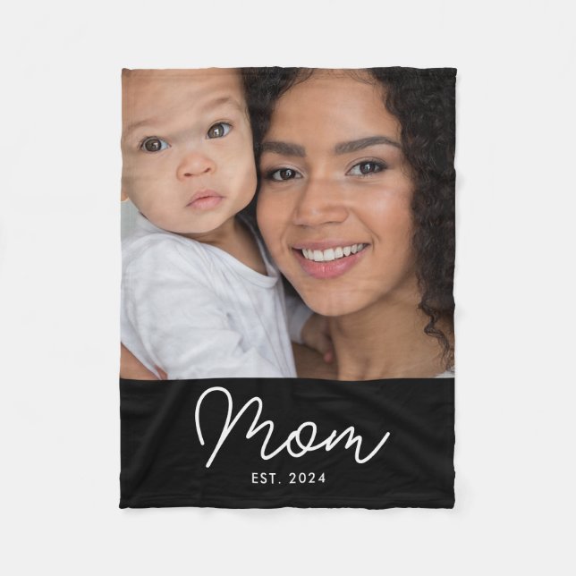 Mum Established Black Modern Script Photo Fleece Blanket (Front)