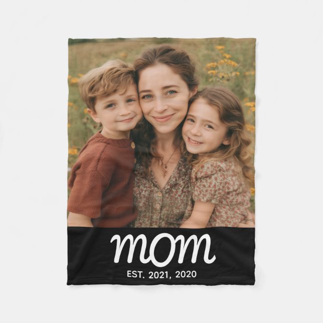 Mum Established Black Modern Script Photo Fleece Blanket (Front)