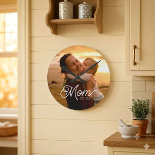 Mum Established Black Modern White Script Photo Round Clock