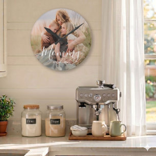 Mum Established Black Modern White Script Photo  Round Clock