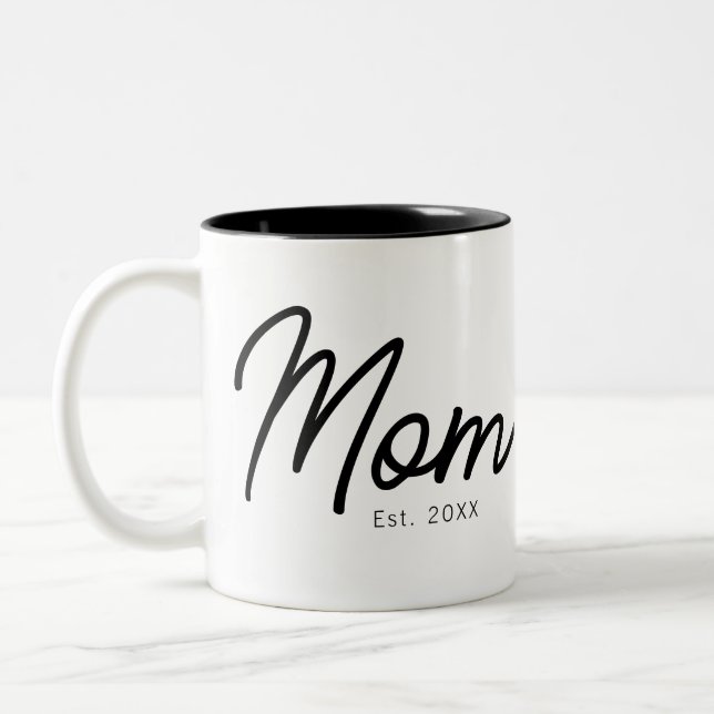 Mum Established Black Script Minimal Elegant Two-Tone Coffee Mug (Left)