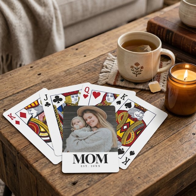 Mum Established Black Typography Photo Gift Playing Cards (Mom Established Black Typography Photo Gift Poker Cards)