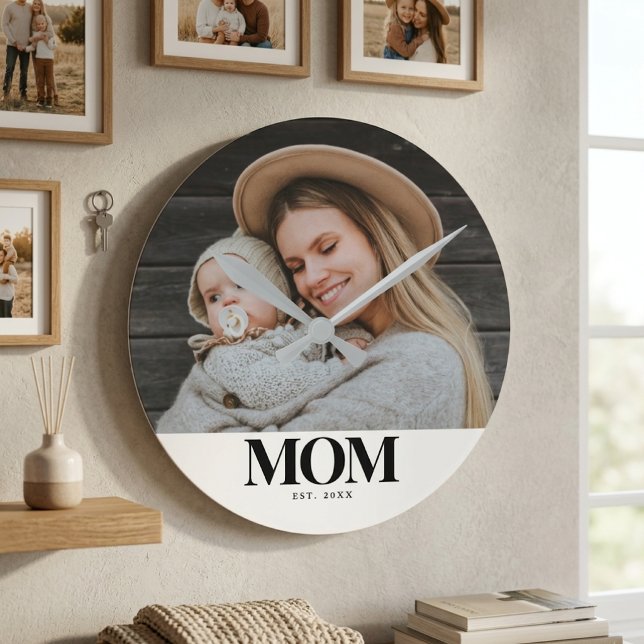 Mum Established Black Typography Photo Gift Round Clock (Mom Established Black Typography Photo Gift Round Clock)