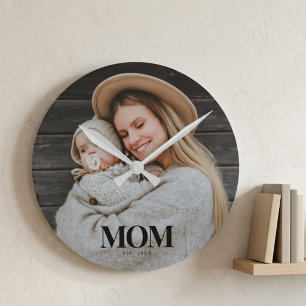 Mum Established Black Typography Photo Gift Round Clock