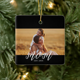 Mum Established Black White Script Photo Ceramic Ornament