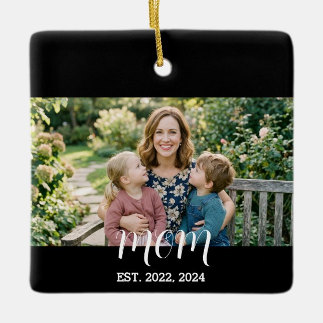 Mum Established Black White Script Photo Ceramic Ornament (Front)