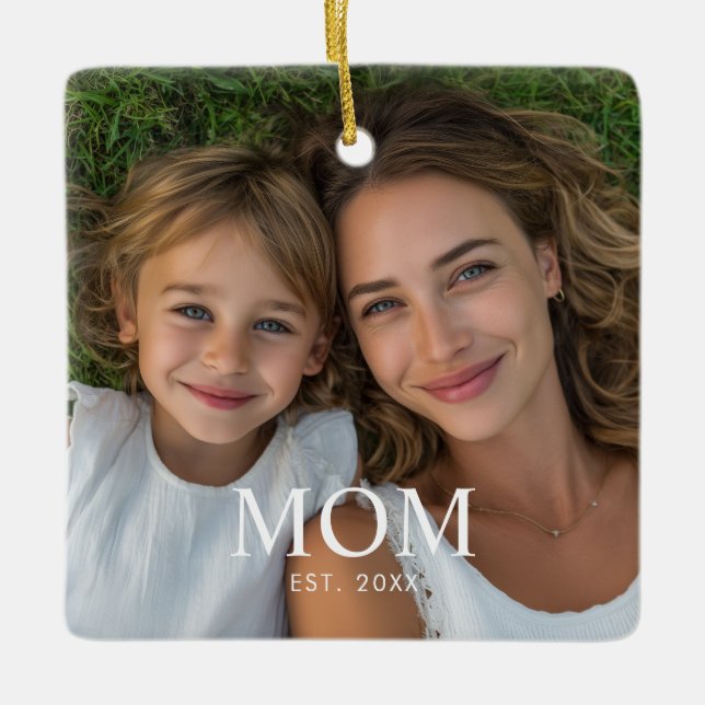 Mum Established Black White Script Photo  Ceramic Ornament (Front)