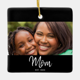 Mum Established Black White Script Photo Ceramic Ornament