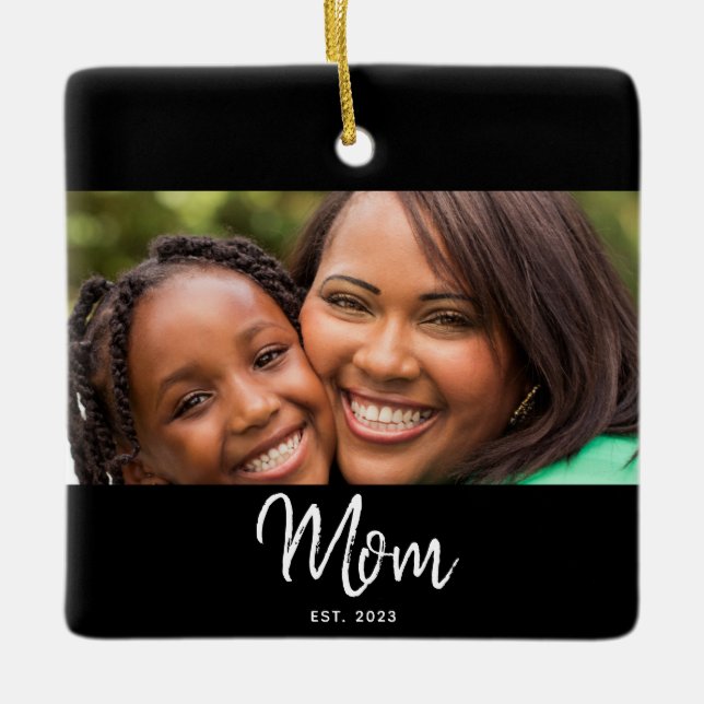 Mum Established Black White Script Photo Ceramic Ornament (Front)