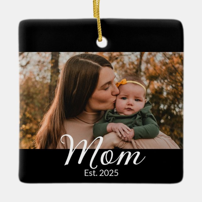 Mum Established Black White Script Photo Ceramic Ornament (Front)