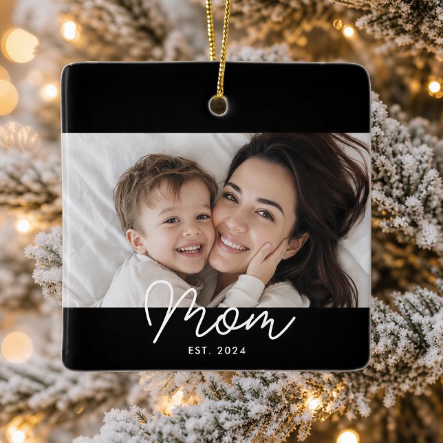 Mum Established Black White Script Photo Ceramic Ornament (Creator Uploaded)