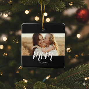 Mum Established Black White Script Photo  Ceramic Ornament