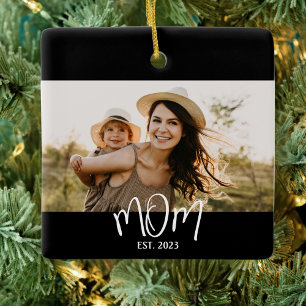 Mum Established Black White Script Photo Ceramic Ornament