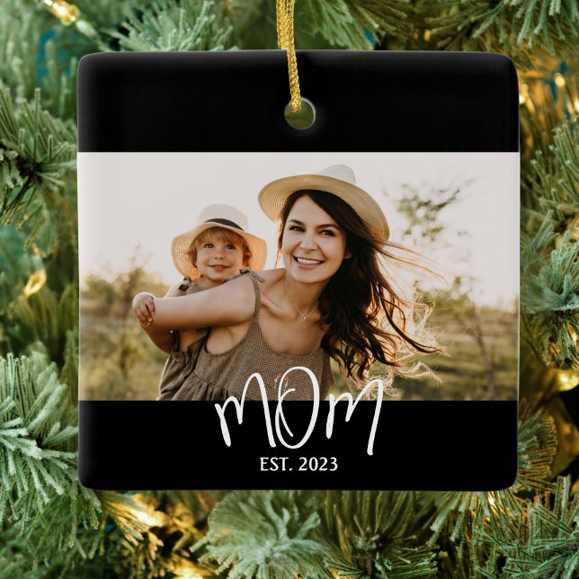 Mum Established Black White Script Photo Ceramic Ornament (Creator Uploaded)