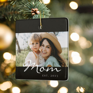 Mum Established Black White Script Photo Ceramic Ornament