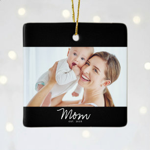 Mum Established Black White Script Photo Ceramic Ornament