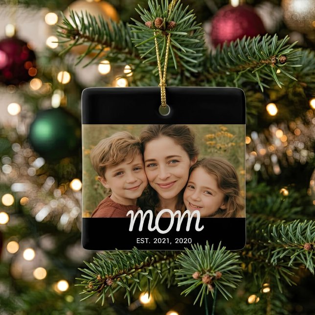 Mum Established Black White Script Photo Ceramic Ornament (Creator Uploaded)