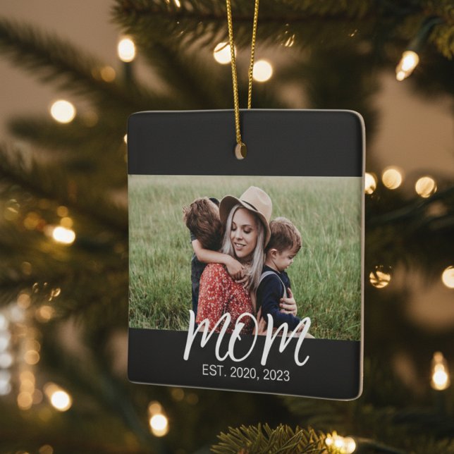 Mum Established Black White Script Photo Ceramic Ornament (Creator Uploaded)