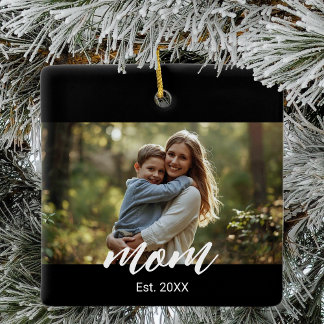 Mum Established Black White Script Photo Ceramic Ornament