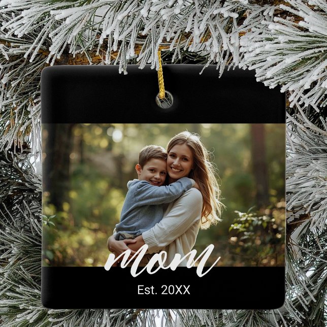 Mum Established Black White Script Photo Ceramic Ornament (Creator Uploaded)