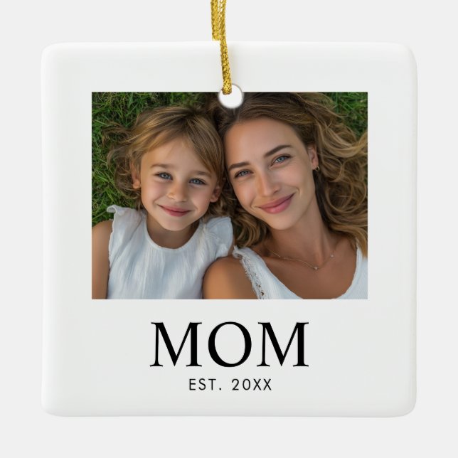 Mum Established Black White Script Photo  Ceramic Ornament (Front)