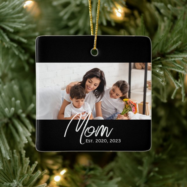 Mum Established Black White Script Photo  Ceramic Ornament (Tree)