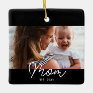 Mum Established Black White Script Photo Ceramic Ornament