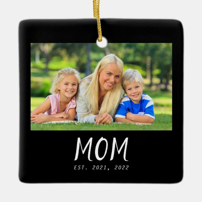 Mum Established Black White Script Photo Ceramic Ornament (Front)