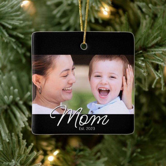 Mum Established Black White Script Photo Ceramic Ornament (Tree)