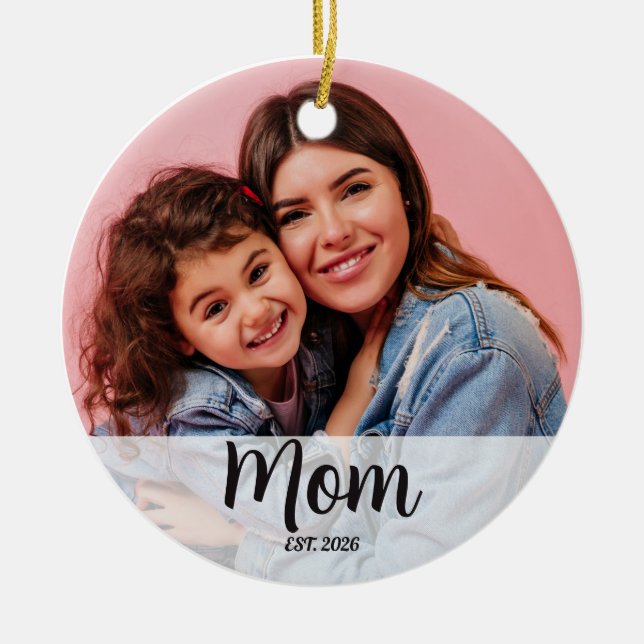 Mum Established Black White Script Photo  Ceramic Tree Decoration (Front)