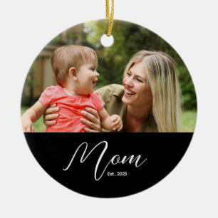 Mum Established Black White Script Photo Ceramic Tree Decoration