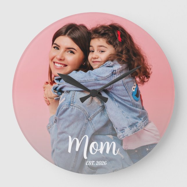Mum Established Black White Script Photo  Large Clock (Front)