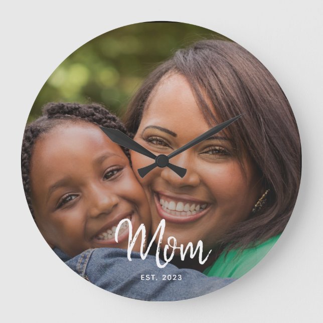 Mum Established Black White Script Photo Large Clock (Front)