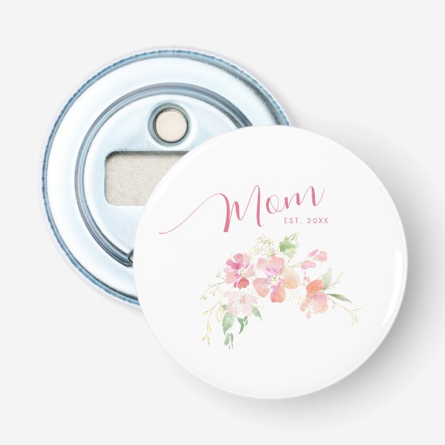 Mum Established Blush Pink Floral Watercolor Bottle Opener (Front)