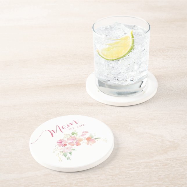 Mum Established Blush Pink Floral Watercolor Coaster (Side)