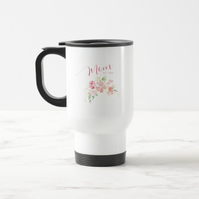 Mum Established Blush Pink Floral Watercolor Travel Mug (Left)