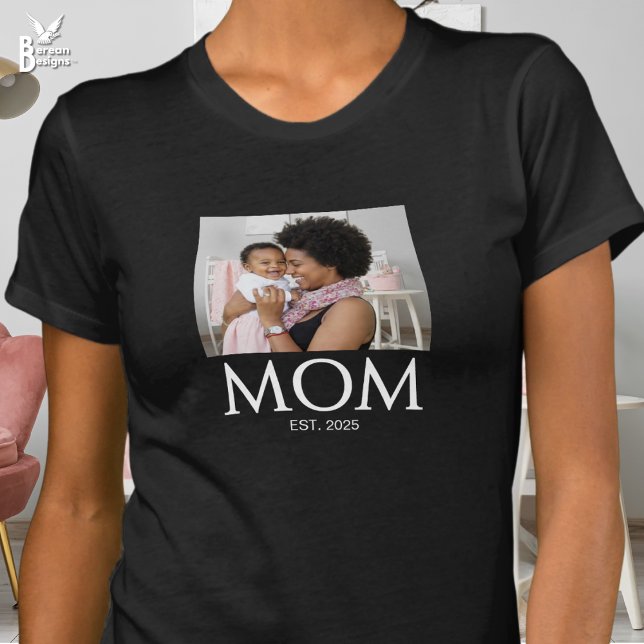 Mum Established Caps Photo T-Shirt (MOM ESTABLISHED classic caps photo T-shirt with customizable year. Ideal gift for new moms.)