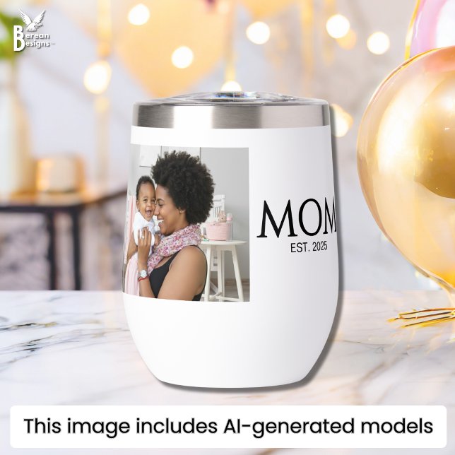 Mum Established Caps White Photo (Mom Established wine tumbler with custom photo and text. Ideal mom gift for Mother's Day.)