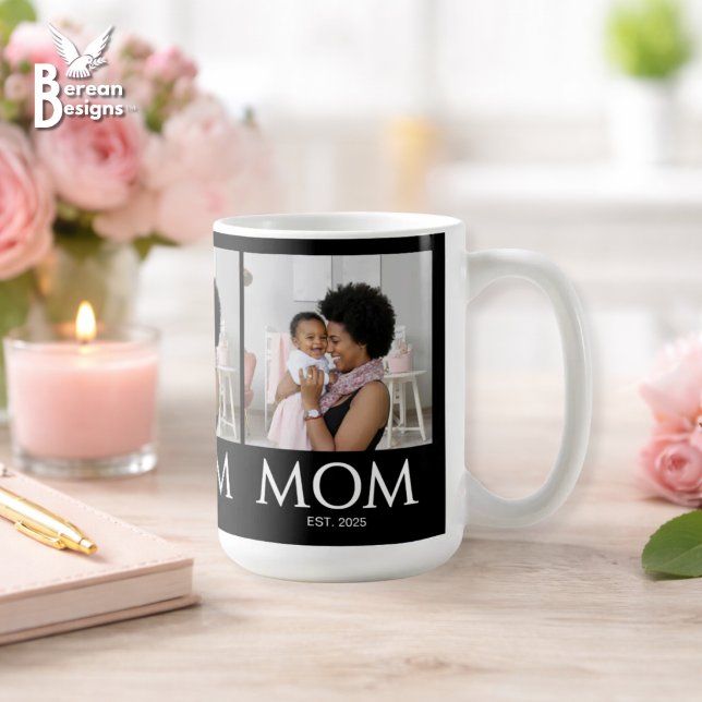 Mum Established Classic Caps Black Photo Coffee Mug (MOM ESTABLISHED 3 Photo Mug with customizable photo and year. Ideal gift for Mother's Day. )