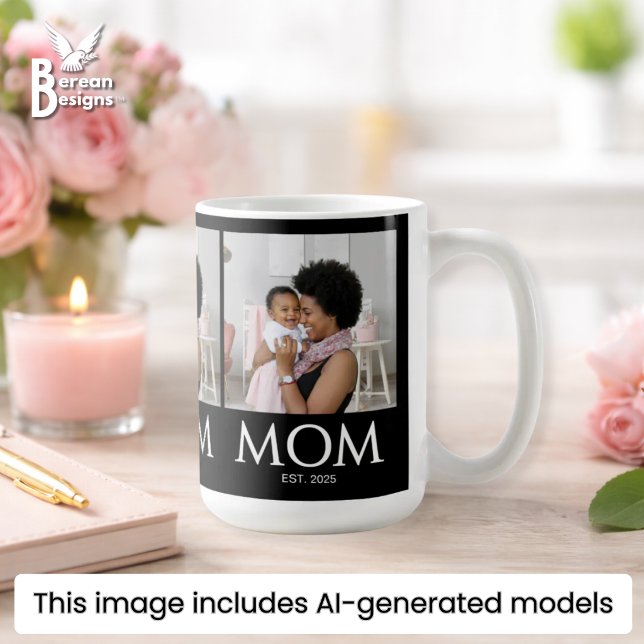 Mum Established Classic Caps Black Photo Coffee Mug (MOM ESTABLISHED 3 Photo Mug with customizable photo and year. Ideal gift for Mother's Day. )