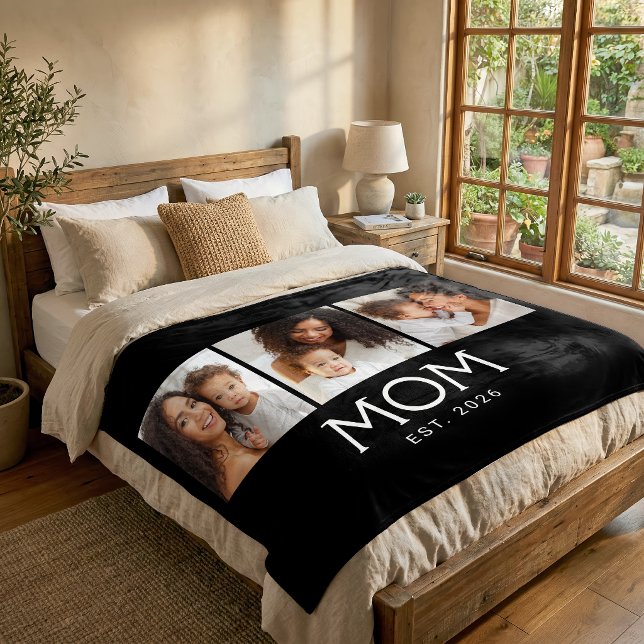 Mum Established Classic Typography Black 3 Photo Fleece Blanket (Creator Uploaded)