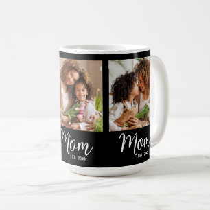 Mum Established Date 3 Photo White Script on Black Coffee Mug