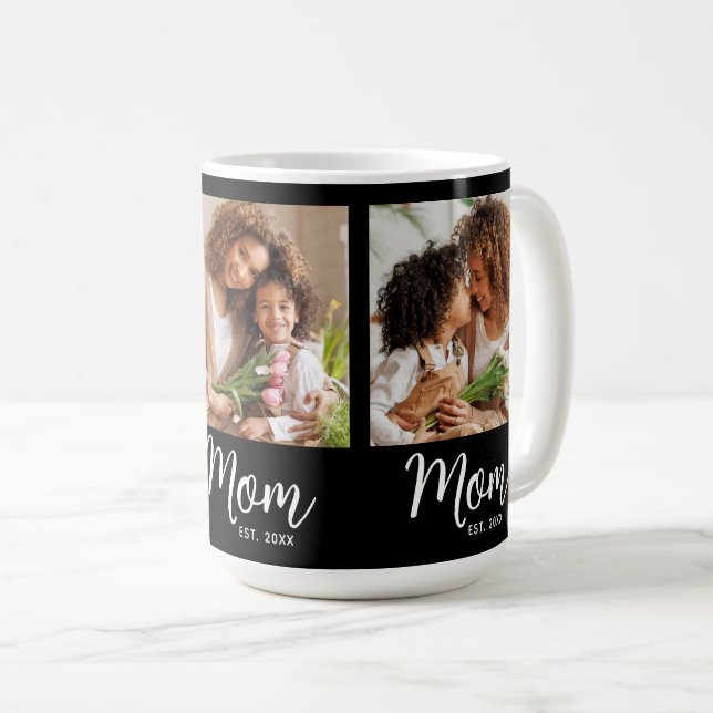 Mum Established Date 3 Photo White Script on Black Coffee Mug (Front Right)