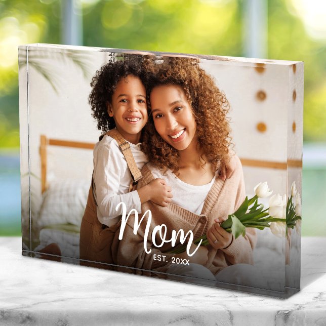 Mum Established Date Custom White Script Modern Photo Block (Creator Uploaded)