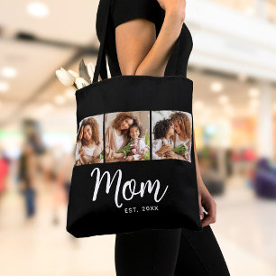 Mum Established Date White Script Black 3 Photo Tote Bag