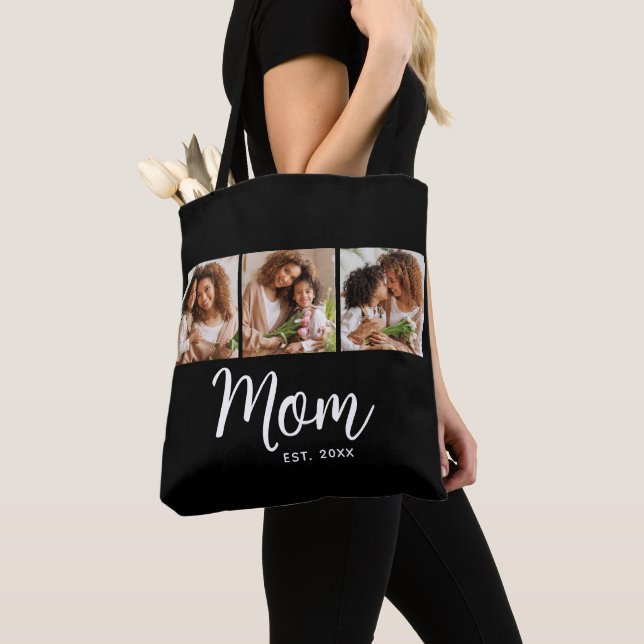 Mum Established Date White Script Black 3 Photo Tote Bag (Close Up)