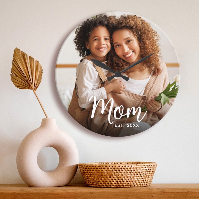 Mum Established Date White Script Custom Photo Large Clock (Creator Uploaded)